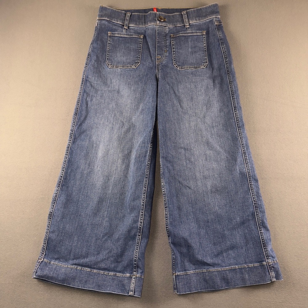 Spanx Womens Wide Leg Cropped Jeans Medium Wash Blue Pull On Size Large